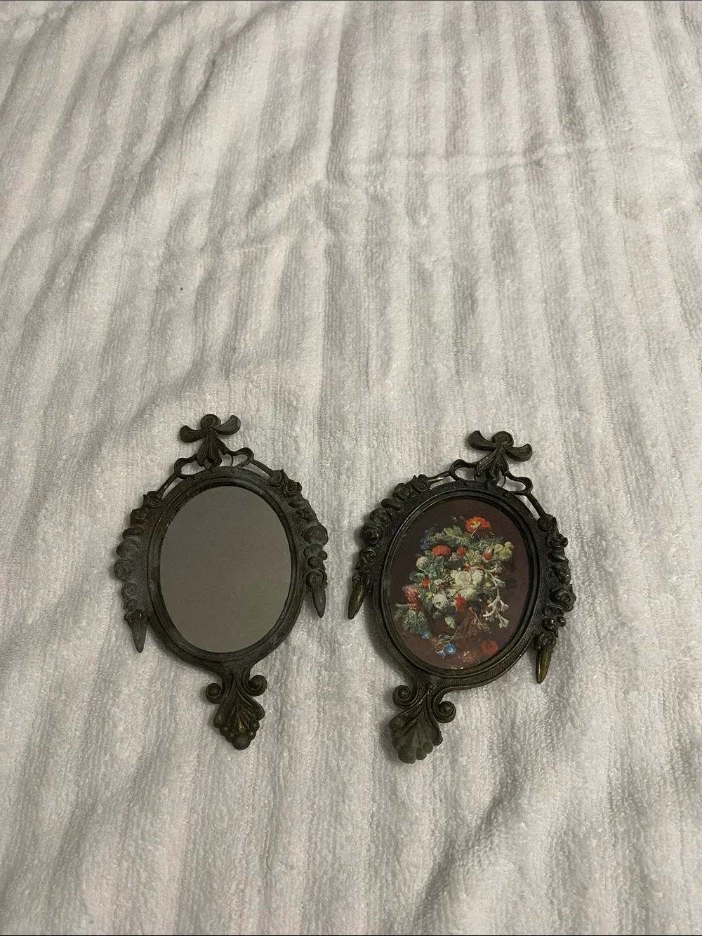 Ornate Vintage-Style Wall Plaque Set in Dark Bronze. Both two toned.